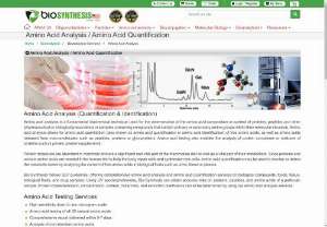 
	Amino Acid Analysis, Amino Acid Quantification and Identification Services
 - Bio synthesis provides Amino Acid Analysis Service, tryptophan amino acid determination, amino acid testing, amino acid hydrolysis and normal hcl hydrolysis