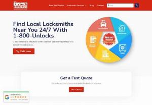 Locksmith Near Me | 1-800-Unlocks | Trusted and Certified Locksmiths - 1800-Unlocks is a locksmith directory of real and verified nearby locksmiths. The locksmiths are licensed and insured. Locksmiths can handle doors,  locks,  deadbolts,  and keys for cars,  homes,  safes,  and businesses.
