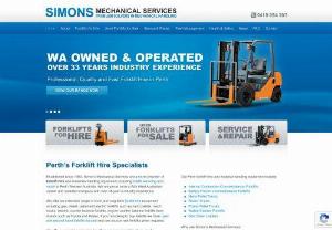 Simons Mechanical Services - Forklift Hire Perth - Simons Mechanical Services is a Perth forklift hire specialist with many years experience is supplying a wide range of petrol,  diesel,  gas and electric forklifts to Western Australian businesses. We also specialise in forklift maintenance and forklift repair in Perth. Contact our team to enquire about the forklift rentals and forklifts for sale in Perth.