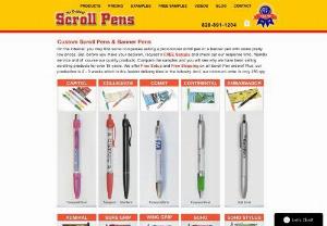 Scroll Pens - The original Scroll Pens / Banner Pens for promotions! The most pen styles and options available. Free barrel imprint. Free samples. Free set-up. Low minimums. The fastest turnaround in the industry (2-3 week delivery).