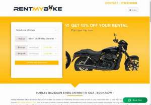 Harley On Rent in Goa - Rent My Bike has come with this initiative to help travelers to explore and wander in Goa in style with the Harley Davidson bikes. We perform quality check on our bikes on regular intervals to avoid unexpected incidents. We keep records of all of our employees including drivers. Our bikes are available at most economic rate. Call us aRent My Bike has come with this initiative to help travelers to explore and wander in Goa in style with the Harley Davidson bikes.