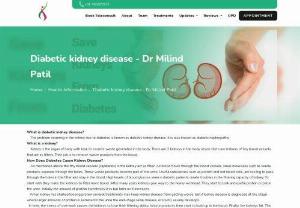 Diabetic kidney disease treatment Pune | Best Diabetologist in Pune | Dr Milind Patil - What is diabetic kidney disease? 
    The problem occurring in the kidney due to diabetes is known as diabetic kidney disease. It is also known as diabetic nephropathy. 
What is a kidney? 
    Kidney is the organ of body with task to excrete waste generated in the body. There are 2 kidneys in the body. Inside them are millions of tiny blood vessels that act as filters. Their job is to remove waste products from the blood. 