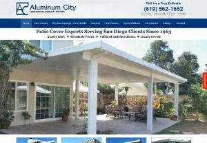 Aluminum Patio Covers San Diego, CA | Patio Enclosures/Rooms, Window Awnings, Carports, Door Hoods - Patio cover contractor in San Diego. Best value since 1963 - Aluminum City. Affordable aluminum patio covers, patio rooms/enclosures, sunrooms, carports, window awnings, shade structures, pergolas.