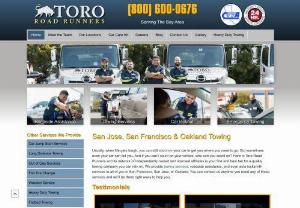 Toro Road Runners - Towing in The Bay Area - Toro Road Runners delivers dependable towing and roadside assistance services in the Bay Area in California. We are a licensed & BBB accredited company. Our team works around the clock - 24/7 every day of the year. We believe in the importance of serving the local community,  offering a very quick response time to all calls and making sure that the roads are clear as quickly as possible. We serve all kinds of cars,  motorcycles or trucks.