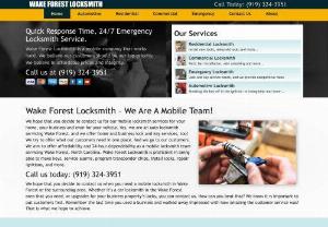 Pro Emergency Locksmith Wake Forest, NC (919) 324-3951 - Wake Forest, North Carolina Locksmith Near me. - North Carolina - Call Wake Forest Locksmith today! When you need Wake Forest Locksmith Service we are your fast and affordable locksmith in Wake Forest North Carolina We can help with rekeys, lock changes, new keys, transponder keys and more. We offer home, auto and business locksmith help. We also serve Raleigh, Knightdale, Chapel Hill and Apex, North Carolina. Let us help keep your car, house and business secure. 