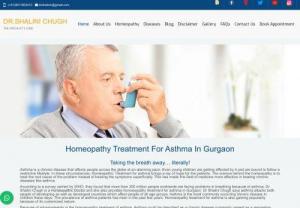 homeopathy treatment for asthma in Gurgaon - Asthma is a chronic condition that can cause the airways in the lungs to become inflamed and narrow. This makes it hard for the person to breathe. Asthma can cause symptoms that included shortness of breath, coughing, and wheezing. Homeopathy is the best way to treat asthma. Dr. Shalini Vijay provides best homeopathy treatment for asthma in Gurgaon.