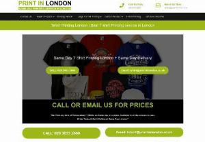 T shirt Printing Shop London - Print in London offers any kind of tshirt printing for same day. We can print any size any colour t-shirt for same day and arrange a delivery the same day. We do personalised T shirt printing and can use your custom logo for T-Shirt. Call or Email us for the price. We can also do hoodies & custom clothing garments, Table cloth, polo shirts, golf shirts, bags, sweatshirts, work wear, sportswear.