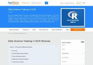 Data Science Training in NCR - IgmGuru offers one of the Best Data Science Training in NCR. Data Science Course in NCR has been designed after consulting some of the best professionals in the industry. The reason we have done this is because we wanted to embed the topics and techniques which are practiced in the industry, conduct them with the help of pedagogy which is followed across universities - kind of practical data science with R implementation. In doing so, we prepare our learners to learn data science with R...
