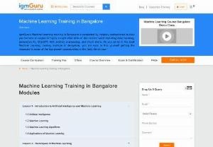 Machine Learning Training Course in Bangalore - IgmGuru offers one of the best Machine Learning Training in Bangalore. Machine Learning Course in Bangalore has been curated after consulting people from the industry and academia. Industry leaders who have delivered successful products and services to their clients have contributed to the course design. IgmGuru is very upbeat about the course as this makes learners industry ready and machine learning as a skill set is something which is much sought after in the market.