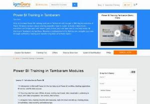 Power BI Training in Tambaram - IgmGuru Offers one of the best Power BI Training in Tambaram. Power BI Course in Tambaram is designed to assist users in dynamic learning about Power BI, Microsoft's latest business intelligence tool used for Analytics and data visualization. The primary goal of this training is to help users attain a working knowledge of exploring and analyzing datasets using Power BI and make easy to use visualizations into the dashboard using the tools provided by Power BI platform.