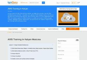 AWS Training in Kalyan - IgmGuru offers one of the Best AWS Training in Kalyan. AWS Course in Kalyan has been designed as per the latest version to helps the user to understand AWS's global infrastructure, AWS cloud architecture, AWS migration tools, and the technical expertise to identify the AWS Solution according to organization requirements. This course provides a detailed understanding of the AWS cloud-based platform to efficiently utilize AWS applications for managing data globally.