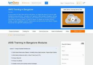 AWS Training in Bangalore - IgmGuru offers one of the Best AWS Training in Bangalore. AWS Course in Bangalore has been designed as per the latest version to helps the user to understand AWS's global infrastructure, AWS cloud architecture, AWS migration tools, and the technical expertise to identify the AWS Solution according to organization requirements. This course provides a detailed understanding of the AWS cloud-based platform to efficiently utilize AWS applications for managing data globally.