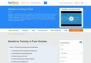 Salesforce Training in Pune - IgmGuru offers one of the best Salesforce Training in Pune. Salesforce Course in Pune is designed as per the latest Salesforce certification exam. This Course helps you apply the most basic and advanced skills in leveraging the data modeling and Salesforce platform to enhance the development of crucial business logic and the application's UI