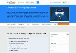 Microsoft Azure Training in Vijayawada - IgmGuru offers one of the Best Microsoft Azure Training in Vijayawada. Microsoft Azure Course in Vijayawada has been designed with an advanced learning concept based on the Azure platform. Trainees shall gain immense knowledge about data access methodologies, Azure resources management, virtual machines, network configuration , deployment, designing web apps, Architecting Microsoft azure solutions, integrating SAAS services on Azure and real hands on projects for azure infrastructure and much...