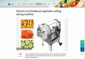Electric root (bulbous) vegetable cutting slicing machine - The root vegetable cutting machine is specially made for cutting potatoes, carrots, and other root vegetables. The cutter machine widely applies for cutting various root vegetables such as onions, cucumbers, eggplants, and other vegetables. The commercial root vegetable cutting equipment has a variety of knives to choose from. Therefore, it can cut vegetables into slices, shreds, diced, and other shapes. In addition, the size of the cut vegetables can be customized.