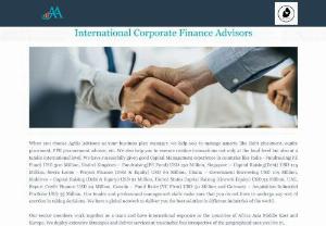 International Corporate Finance Advisory firm in Berlin, Germany, Europe - We are providing the International Corporate Finance Advisory firm in Berlin, Germany, Europe
Agilis Advisors as your business plan manager; we help you to manage aspects like Debt placement, equity placement, Finance (Debt & Equity), PPE procurement advisor, tender international level, Capital Raising, Fundraising etc.