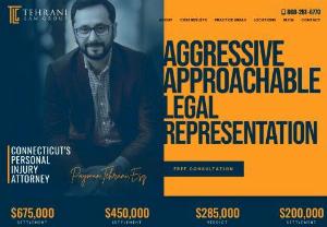 Tehrani Law Group, LLC - 628 Hebron Avenue, Suite 507
Glastonbury, CT 06033
(860) 261-6770

We are a full-service law firm that handles auto accidents, personal injury matters, criminal, traffic, DUI/DWI, and traffic matters. Our goal is to help you resolve your legal situation as efficiently and stress-free as possible. We are affordable and we offer payment plans to all clients. One call is all you need to hire us as your lawyer.
