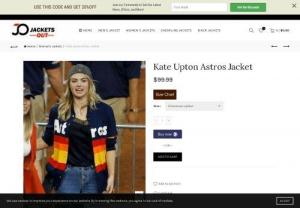 Kate Upton Astros Jacket - Kate Upton Astros Jacket is blue in color and has rainbow colored stripes.