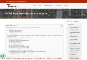 HDPE Pipe Manufacturer in India - Tubewell Steel Co. - One of the biggest manufacturers of HDPE pipe in India is Tubewell Steel Co. HDPE pipes provide high temperature resistance and minimal installation costs. The power and adaptability of HDPE Pipe Manufacturers in India are remarkable. Thermo Alkathene plastic polymers are used to make HDPE Pipes, which are strong, resilient, and cost-effective alternatives for uses like the delivery of potable water, irrigation, and bore-well applications. They have remarkable impact resistance. We are well...