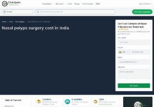 Nasal polyps surgery cost in India - Nasal polyps are small and benign growths that tend to develop in the nasal passages.Depending on the procedure, the cost of nasal polyp surgery can range from ₹ 45,000 ( $ 563 ) - ₹ 75,000 ( $ 940 ).
