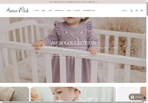 Screenshot of Organic Baby Clothes | Aster & Oak Australian Baby Clothing & Gifts
