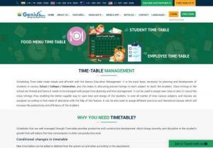 TimeTable Management System - Geniusedusoft - Time Table Management Application this aids in establishing specific schedules for teaching each subject to students. Time Table Management ERP is used to schedule various theoretical and practical classes, improving students' performance and efficiency.