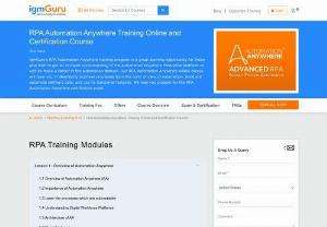 RPA online training - Automation Anywhere is a Robotic Process Automation (RPA) software that allows organizations to automate repetitive, manual tasks and workflows. The RPA Training Online or Automation Anywhere training by igmGuru is planned to assist users in dynamic learning about Robotic Process Automation. The foremost goal of RPA Course Online or Automation Anywhere Course is to help users gain a working knowledge of RPA and automate the business process to increase the efficiency of the organization. The...