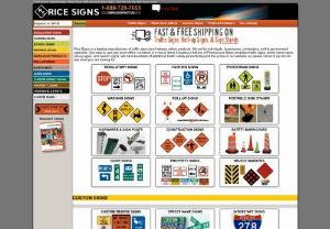 Purchase Traffic Signs, Highway Signs, Street Signs, Roll-Up Construction Signs, Sign Stands, and Sign Posts online. - Rice Signs is a leading manufacturer of traffic signs and highway safety products. We sell to individuals, businesses, contractors, and to government agencies. Our easy to use web store offers hundreds of in-stock items including a full line of Federal and State compliant traffic signs, street name signs, roll-up signs, and custom signs. We have hundreds of additional traffic safety products beyond the scope of our website, so please call us if you do not see what you are looking for.