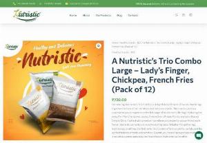 A Nutristic's Trio Large Combo - Pack of 12 - Nutristic - Introducing Nutriomes Trio Combo: a delightful assortment of flavors that brings together the best of our nutritious and delicious snacks. This combo pack is a convenient way to experience the full range of Nutriomes offerings, featuring the zesty Peri Peri Chickpeas, savory Cream Onion Potato Sticks, and spicy Masala Delight Okra. 