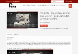 FC-4400  Single Needle Flat Bed Unison Feed Lockstitch Sewing Machine - These machines are equipped with walking foot, needle feed and feed dog, all of which act completely in unison, consequently, the upper or lower sewing material does not slip and also these machines can sew accurately and easily several sheets of heavy-weight materials piles up together. Standard needle gauge :6.4mm. Automatic lubricating system, smooth and quiet running, easy maintenance. Large hook to assure high efficiency, perfect stitch. These machines are best suited for sewing...