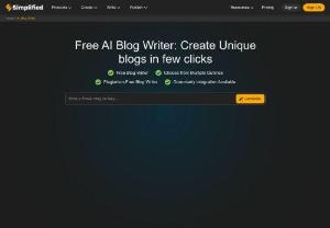 AI Blog Writer - Create High-Quality Content | Generate Killer Content - Your AI blog writer! Get your own AI blog writing assistant. Speed up the creation of high quality and well written content for your blog and articles in minutes. With Simplified&#39;s AI blog writer, you can easily create professional text-generated blog posts, articles, and other types with just a few clicks.