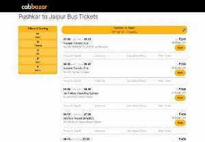 Pushkar to Jaipur Bus Price | Pushkar to Jaipur Bus Ticket - Book bus tickets from Pushkar to Jaipur at CabBazar. Online bus ticket booking with zero convenience fee. Pushkar to Jaipur bus price starts from Rs. 500 per head. 