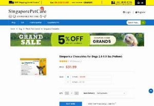 Simparica Chewables for Dogs 2.8-5.5 lbs (Yellow) - Ensure your canine&#039;s safety in Singapore with Simparica Chewables For Dogs 2.8-5.5 Lbs (Yellow). Our delicious and swift-acting Simparica effectively shields dogs from fleas and ticks for a full month. Enjoy free and prompt delivery.