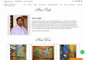 Buy Ramesh Gorjala paintings online - Born April 15, 1979; Srikalahasti, Chittoor District, Andhra Pradesh, Ramesh did his Bachelor of Fine Arts (Painting) in Jawaharlal Technological University, Hyderabad, he exhibited his works all over India and abroad. He received “State Award” from A.P. Crafts Council for the year 2002. Ramesh Gorjala, depicts Indian mythological figures and ‘episodic narration’ of it in kalamkari style and the approach is entirely Modern. His protagonists are...