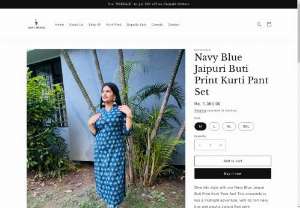 Shop Navy Blue Jaipuri Buti Print Kurti Pant Set &ndash; Savistudio - Dive into style with our Navy Blue Jaipuri Buti Print Kurti Pant Set! This ensemble is like a midnight adventure, with its rich navy hue and playful Jaipuri Buti print.    Set includes:  A Kurta Pants Material: Cotton  Colour: Navy Blue  Wash Care:  Machine washable for easy maintenance Wash dark colours separately Do not bleach Dip dry away from direct heat Shipping Details: Dispatched in 2-3 working days.