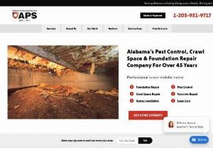 Alabama Professional Services - Alabama Professional Services is here for all of your pest control and home repair needs. We specialize in improving crawl spaces & making sure pests stay out of your home! Phone: 205-951-9717 Fax Number: 205-951-9668 Payment Methods: Visa,  MasterCard,  American Express,  Discover </br>Year Established: 1977